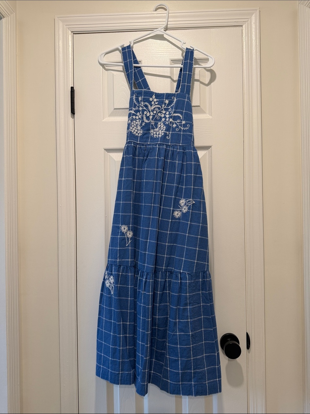 Madewell Blue Checked Embroidered Midi Sundress